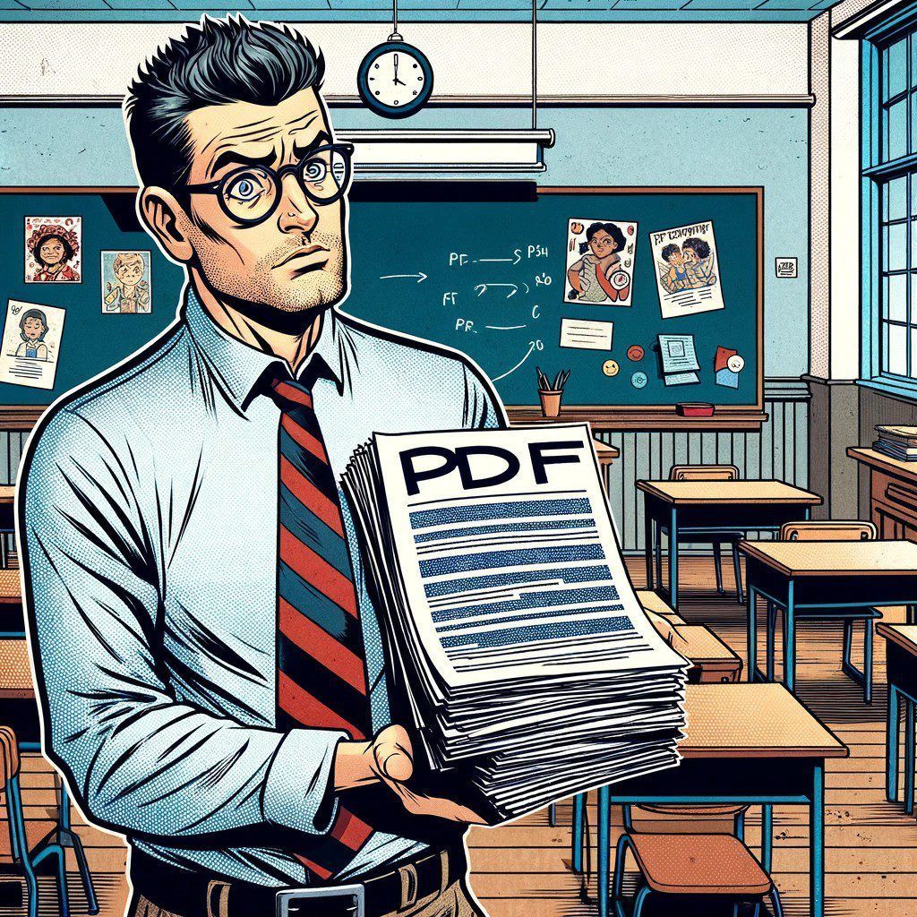 Imagen generada con IA. Un profesor en un aula con un montón de papeles. Estilo de cómic