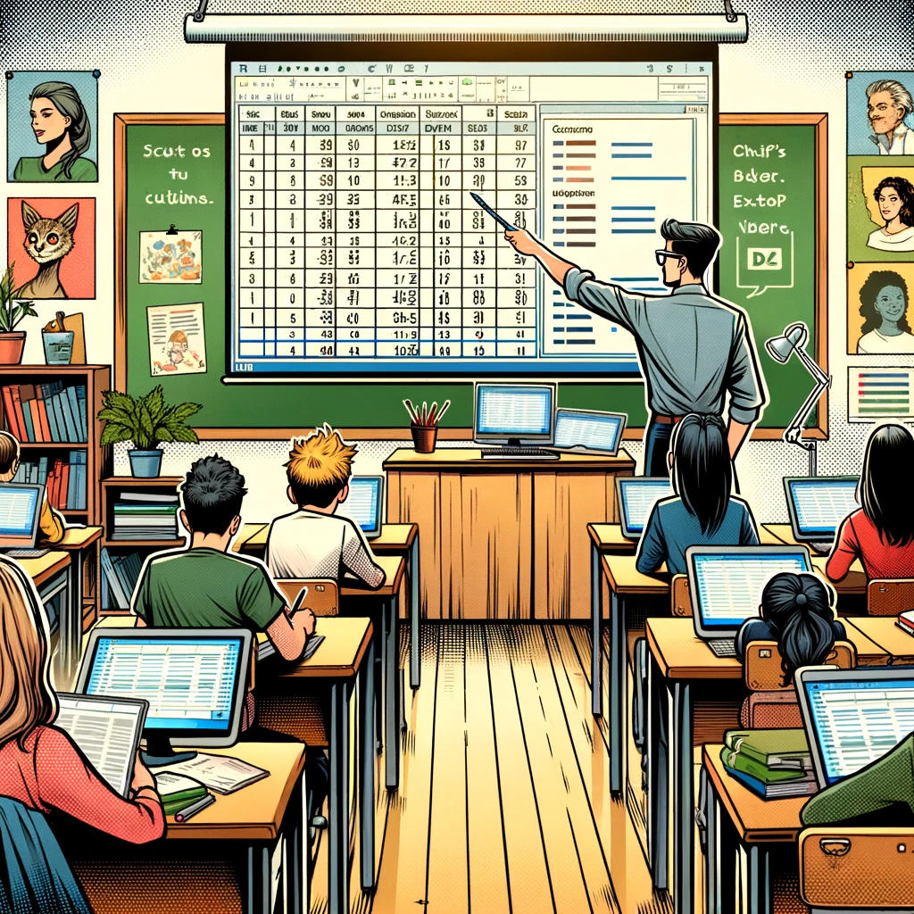 Imagen generada con IA. Un profesor mostrando una hoja de cálculo en la pantalla proyectada de un aula mientras da clase ante los estudiantes. Estilo de cómic