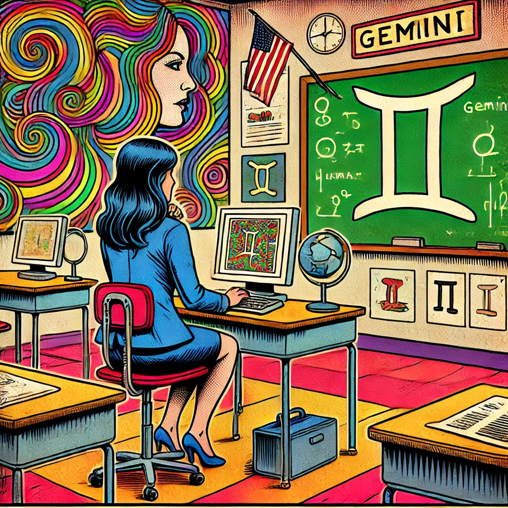 Imagen generada con IA. Una profesora trabajando con un ordenador en un aula. Estilo de cómic con colores psicodélicos.