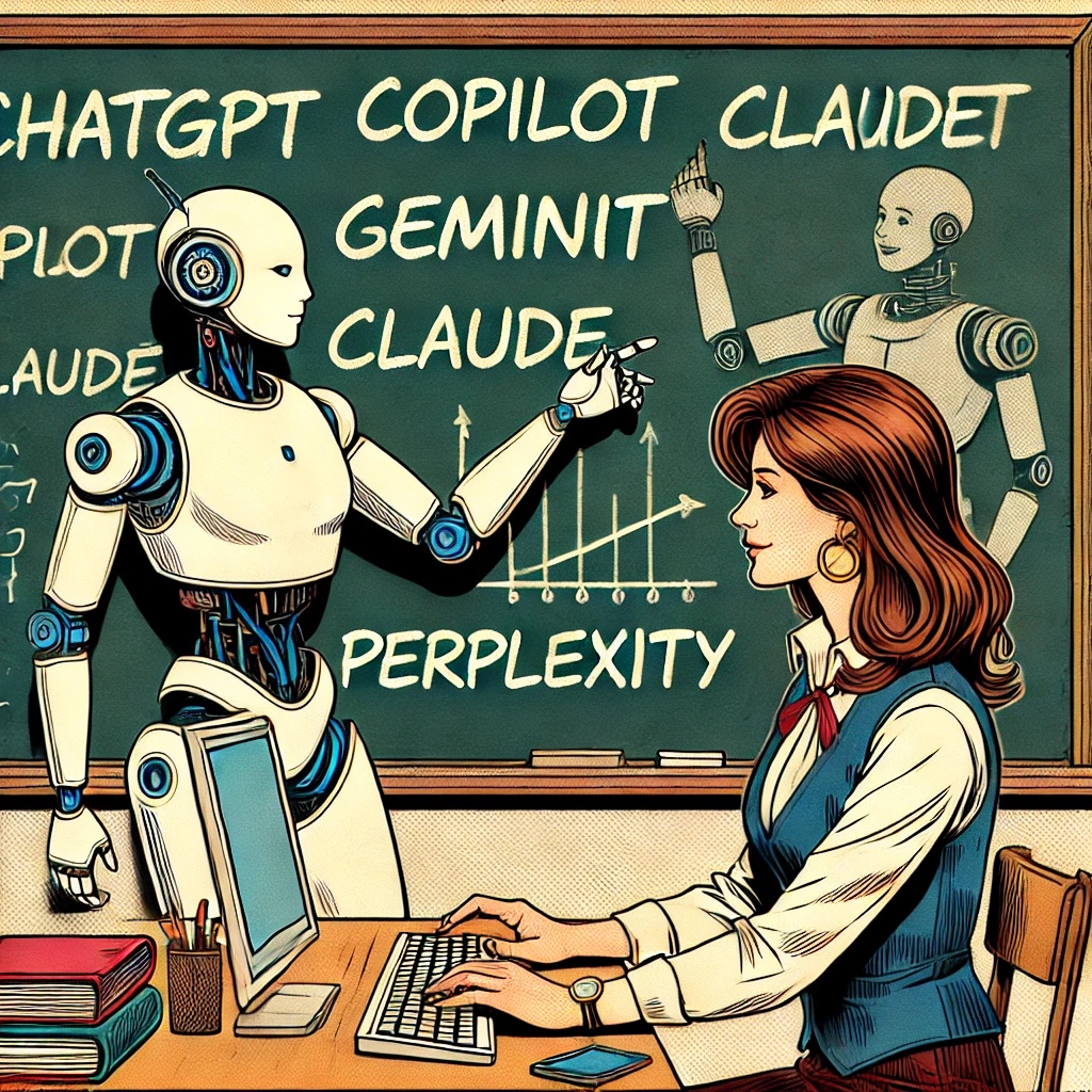 Imagen generada con IA. Una profesora usando un ordenador en clase mientras un robot de aspecto humanoide le ayuda; en la pizarra escritas con tiza los nombres de varios modelos de IA. Estilo de cómic.