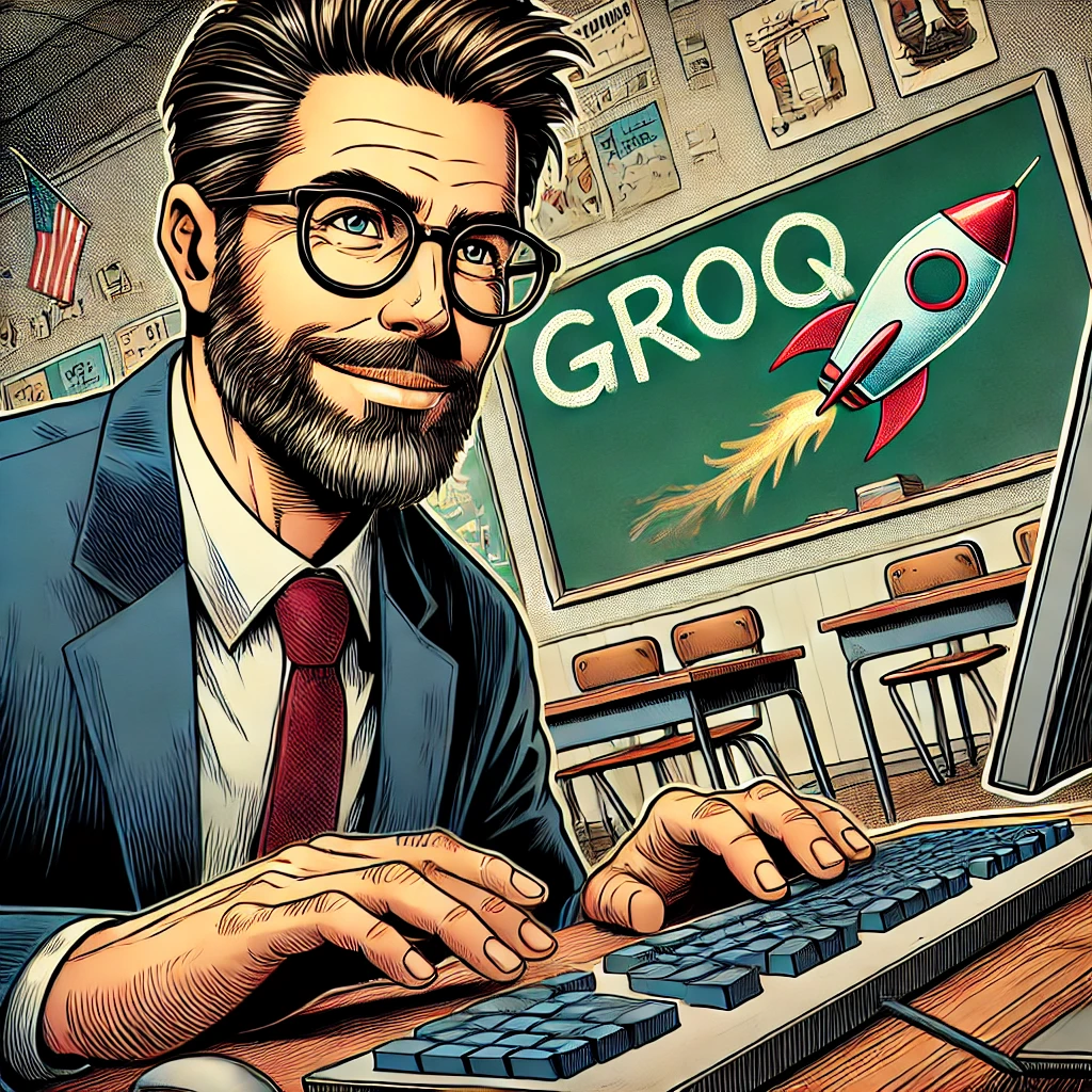 Imagen generada con IA. Un profesor trabajando con un ordenador en un aula, en la pizarra está escrita con tiza la palabra "GROQ" y también un dibujo de un cohete. Estilo de cómic.