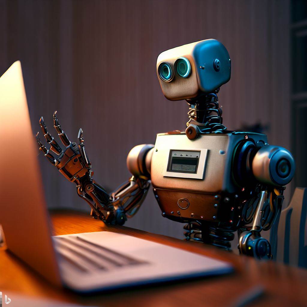 Imagen generada con IA. Un robot metálico asistiendo a una reunión online. Estilo realista.