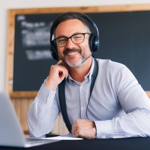 Imagen generada con IA. Un profesor realizando una entrevista online para un podcast. Estilo realista.