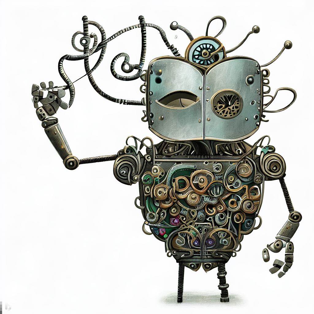 Imagen generada con IA. Ilustración de un robot hecho de piezas metálicas con una máscara que le cubre la cara.