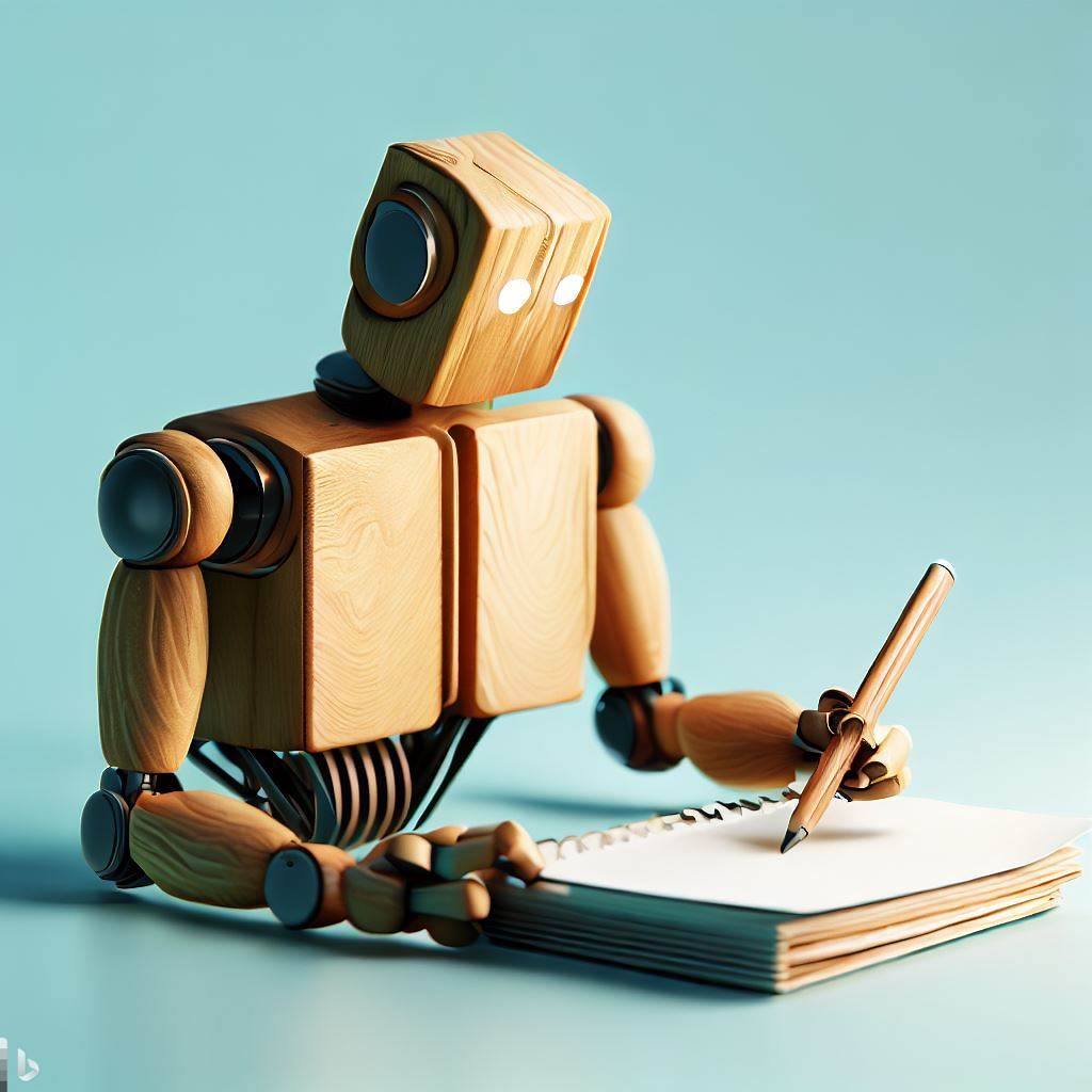 Imagen generada con IA. Un robot de madera escribiendo en un cuaderno con un lápiz. Estilo realista.