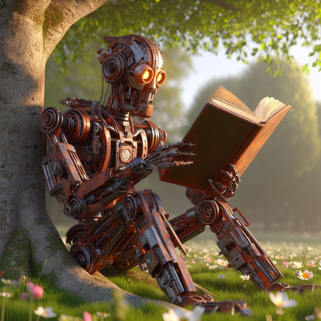 Imagen generada con IA. Ilustración de un robot sentado a la sombra de un árbol leyendo un libro con estilo retrofuturista.