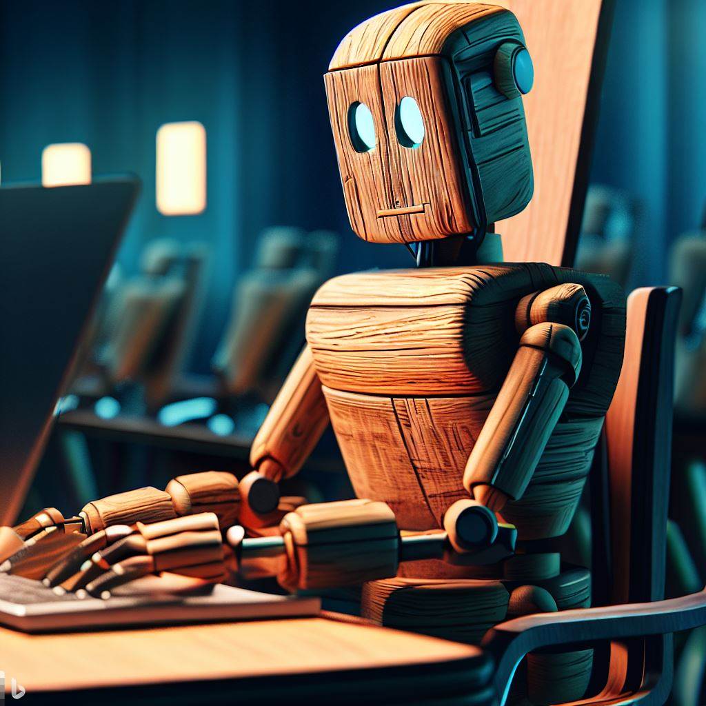 Imagen generada con IA. Un robot hecho de madera escribiendo en un teclado del ordenador. Estilo realista.