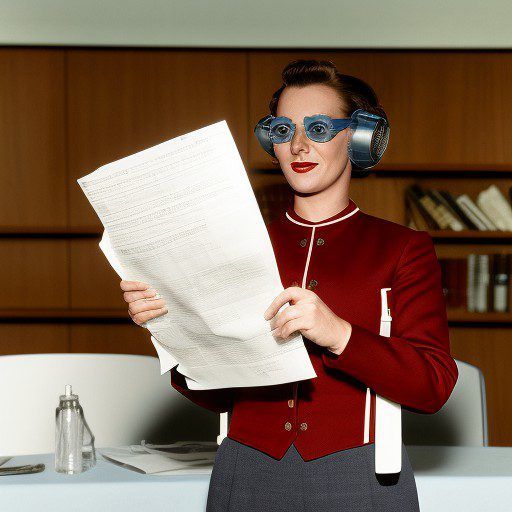 Imagen generada con IA. Una profesora con unos papeles de gran tamaño y con gafas y auriculares retrofuturistas. Estilo realista.