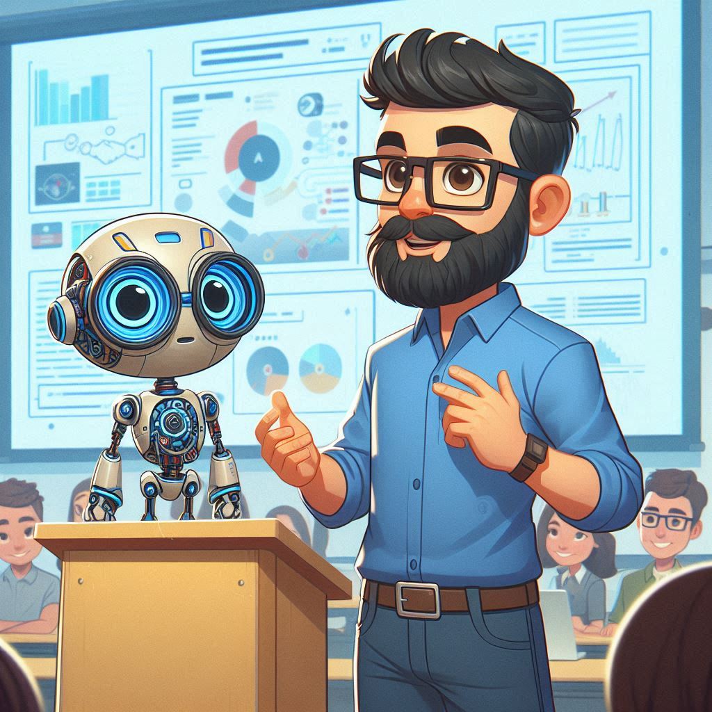 Imagen generada con IA. Un profesor en un aula acompañado por un robot. Estilo de ilustración.