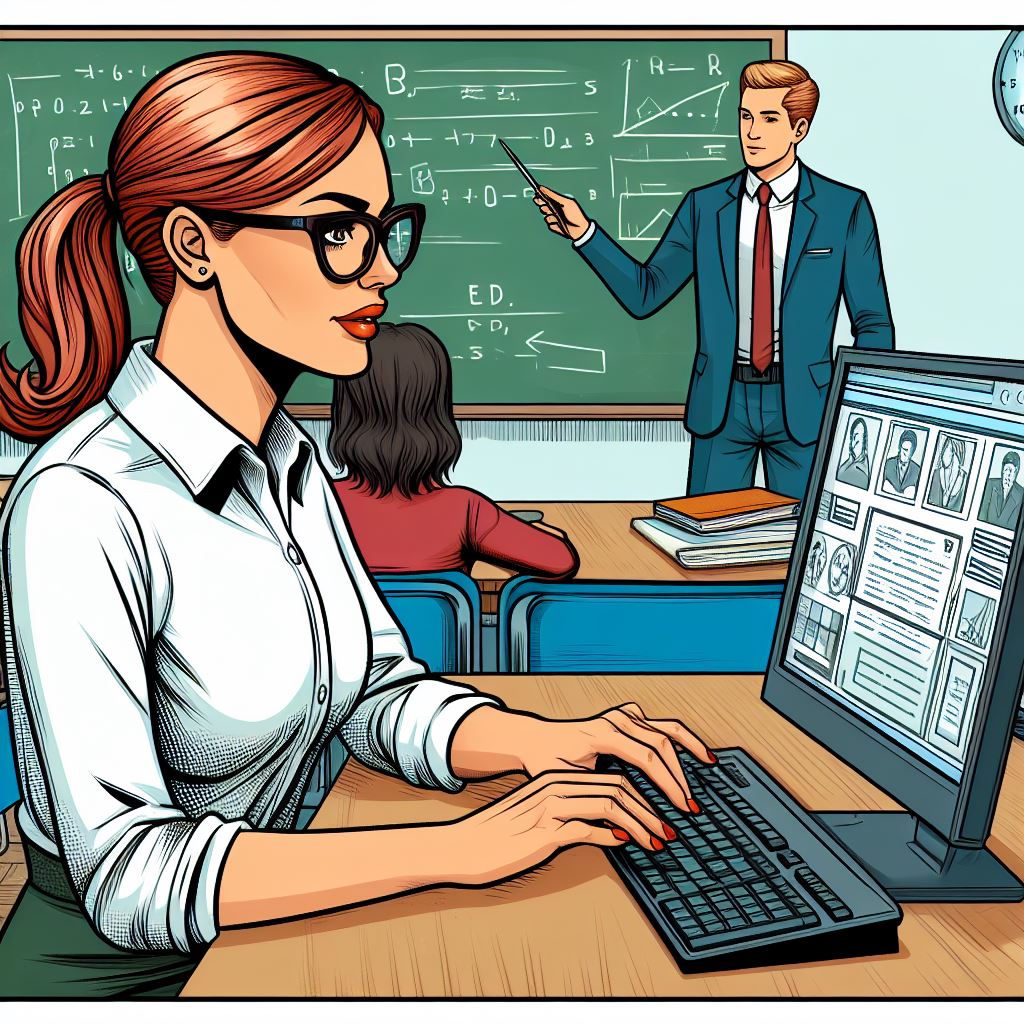 Imagen generada con IA. Una mujer usando un ordenador en un aula mientras un profesor trabaja junto a la pizarra. Estilo cómic.