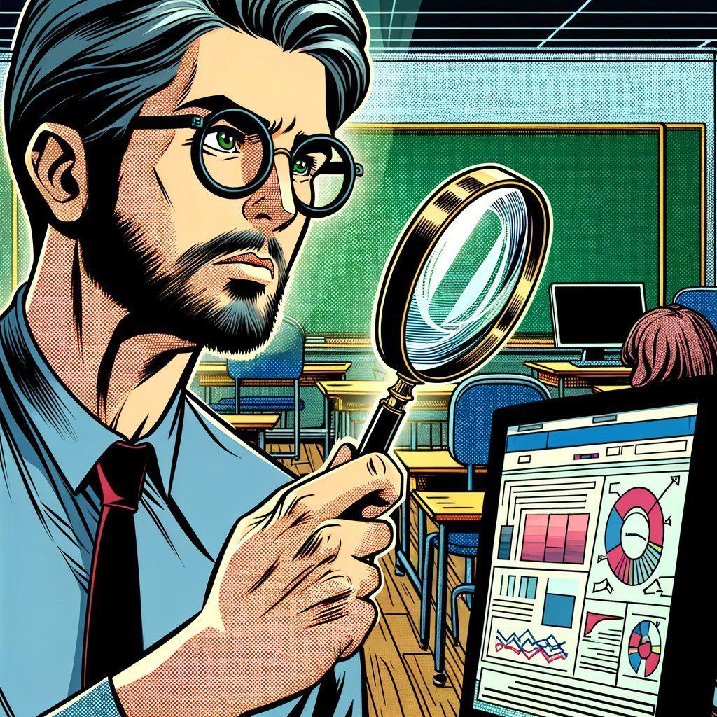 Imagen generada con IA. Un profesor en un aula trabajando con un ordenador y usando una lupa para observar la pantalla. Estilo de cómic