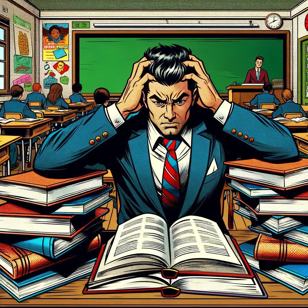 Imagen generada con IA. Un profesor con las manos en la cabeza mientras lee un libro en un aula. Estilo cómic