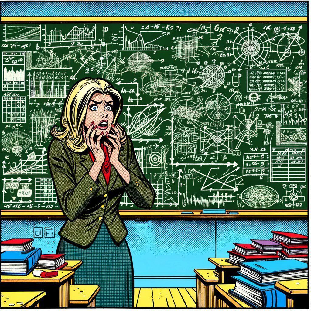 Imagen generada con IA. Una profesora en un aula observando un complejo diagrama dibujado en la pizarra. Estilo cómic.