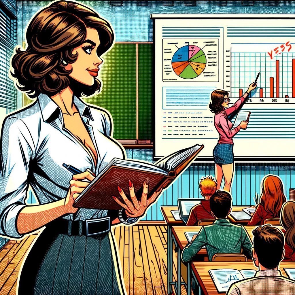 Imagen generada con IA. Una profesora observa la exposición de una estudiante en un aula. Estilo cómic