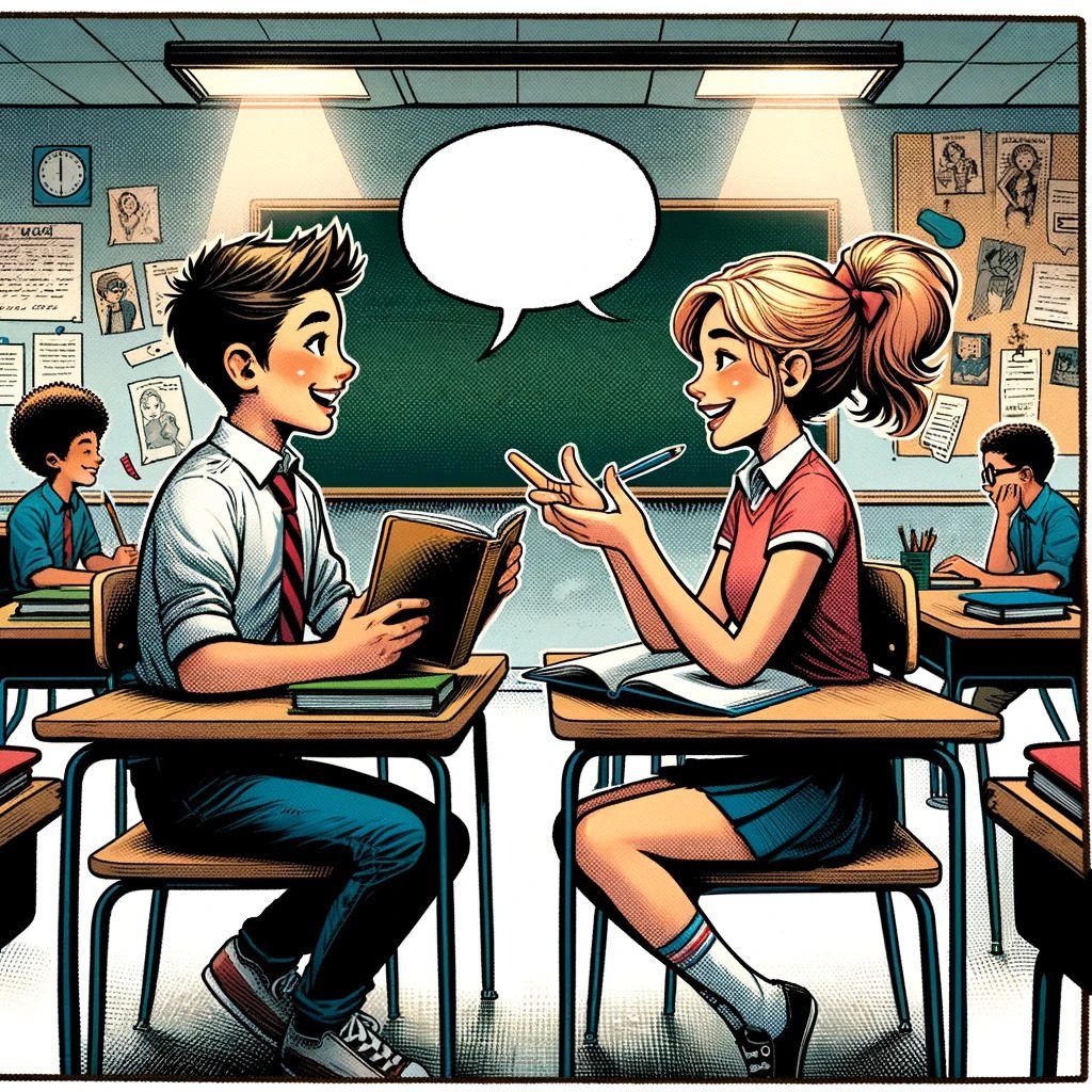 Imagen generada con IA. Dos estudiantes hablan en el aula. Estilo cómic.
