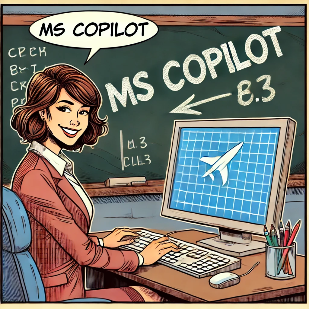 Imagen generada con IA. Una profesora en el aula usando un ordenador. Estilo de cómic