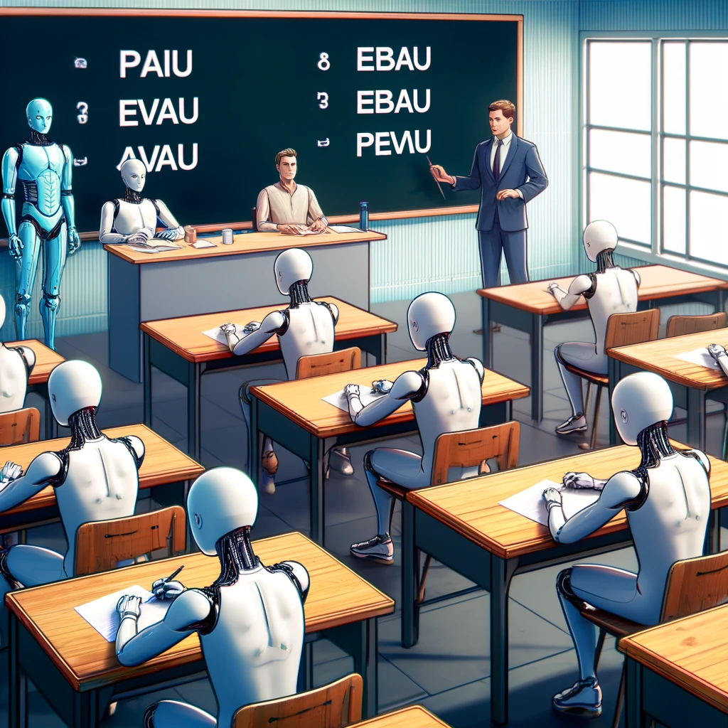 Imagen generada con IA. Un aula con robots-estudiantes realizando una prueba escrita. Estilo de cómic.