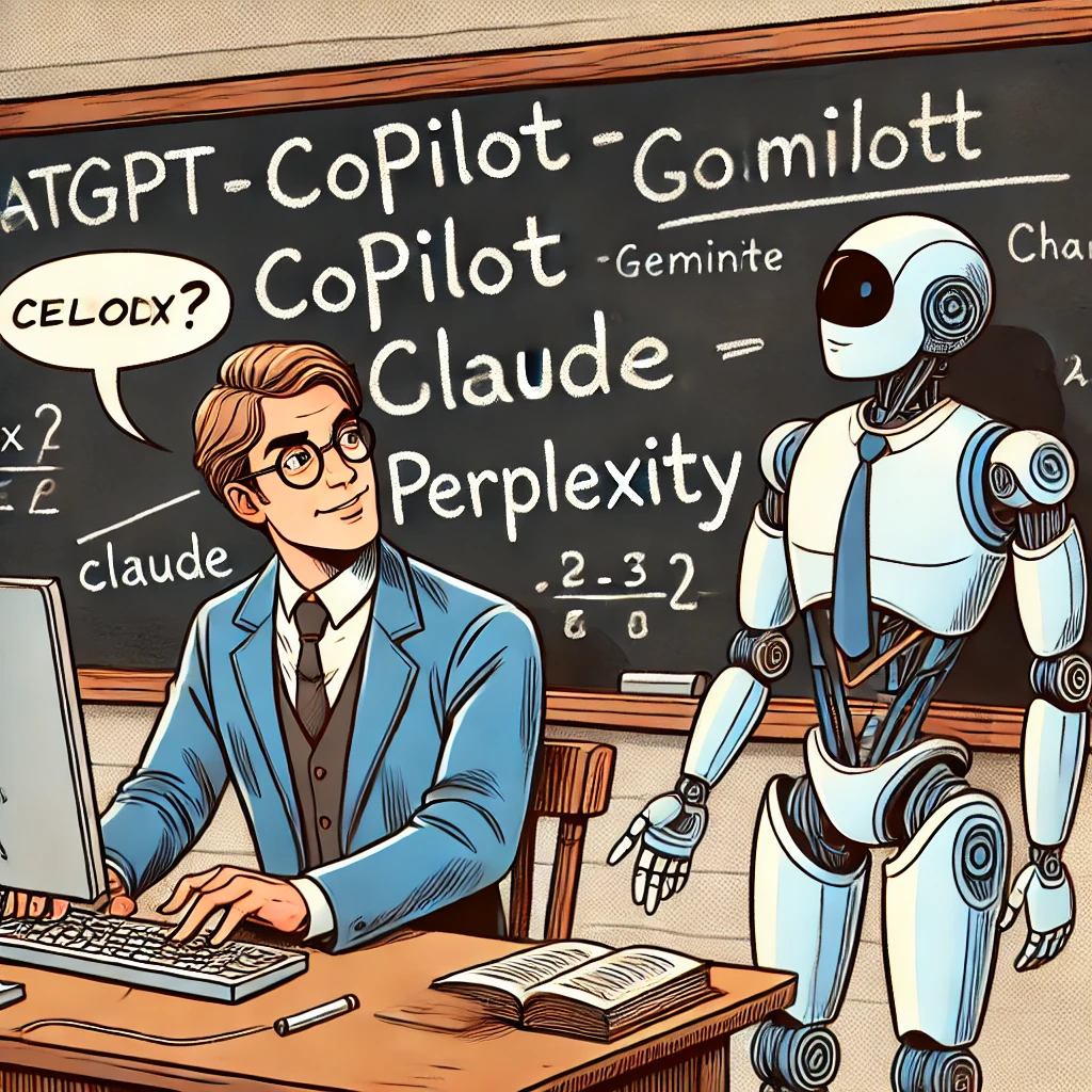 Imagen generada con IA. Un profesor en un aula trabajando con un ordenador junto a un robot que le asiste. Estilo de cómic