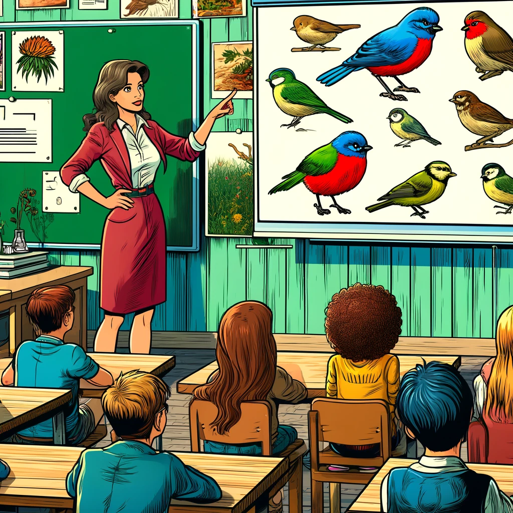 Imagen generada con IA. Una profesora en el aula mostrando una presentación sobre las aves a los estudiantes. Estilo cómic.