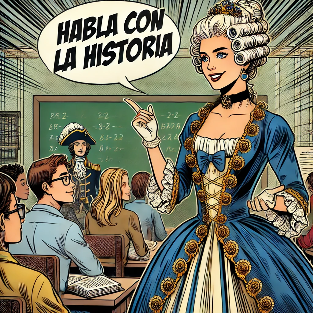 Imagen generada con IA. Una profesora vestida con traje de emperatriz francesa explicando en un aula. Estilo cómic.