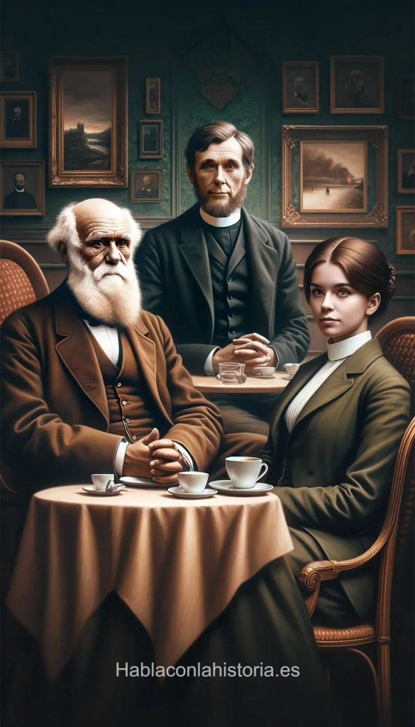 Imagen generada con IA. Retrato conjunto de Charles Darwin, Gregor Mendel y Rosalind Franklin