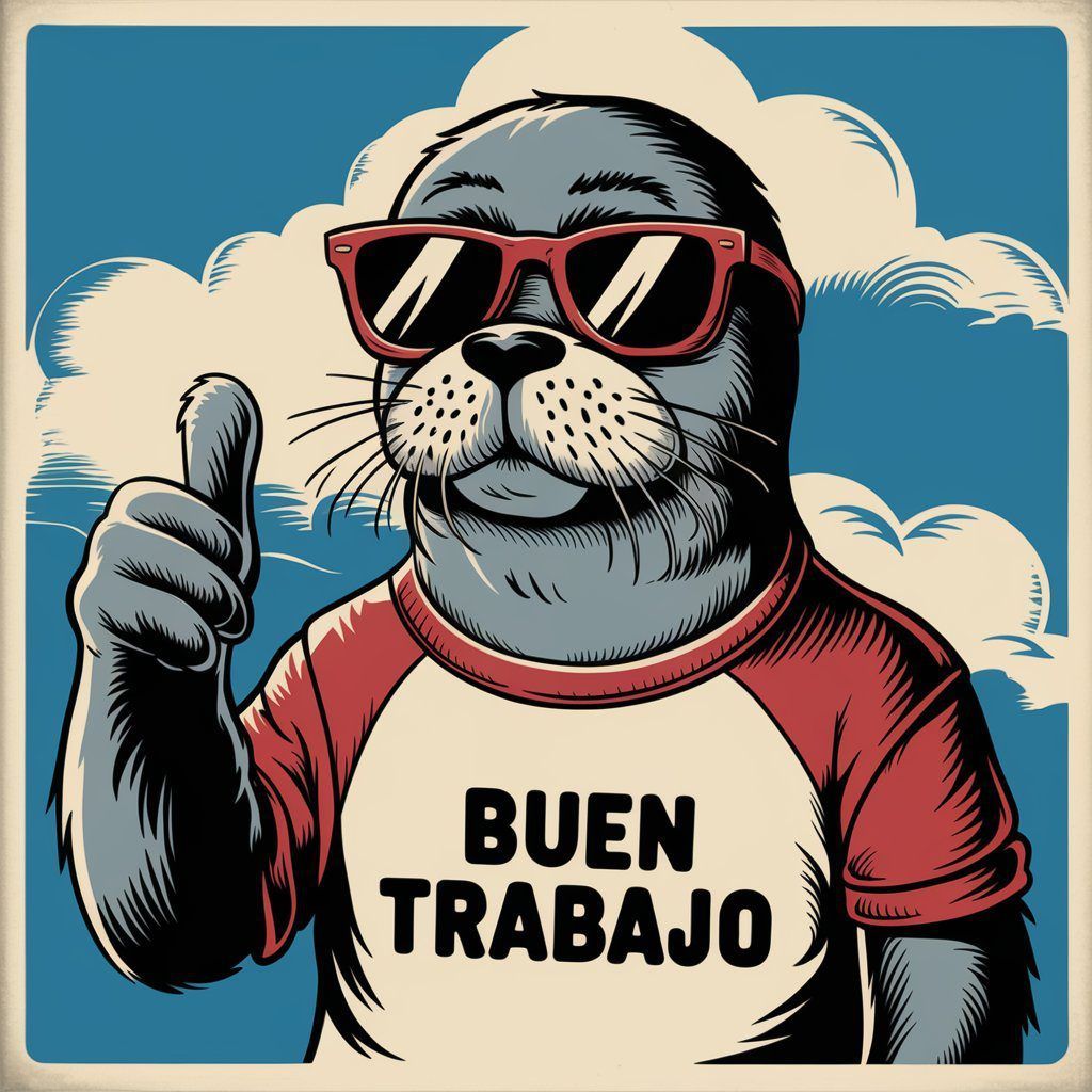 Imagen generada con IA. Una foca con gafas de sol con un pulgar levantado; texto: "BUEN TRABAJO"; estilo de pegatina
