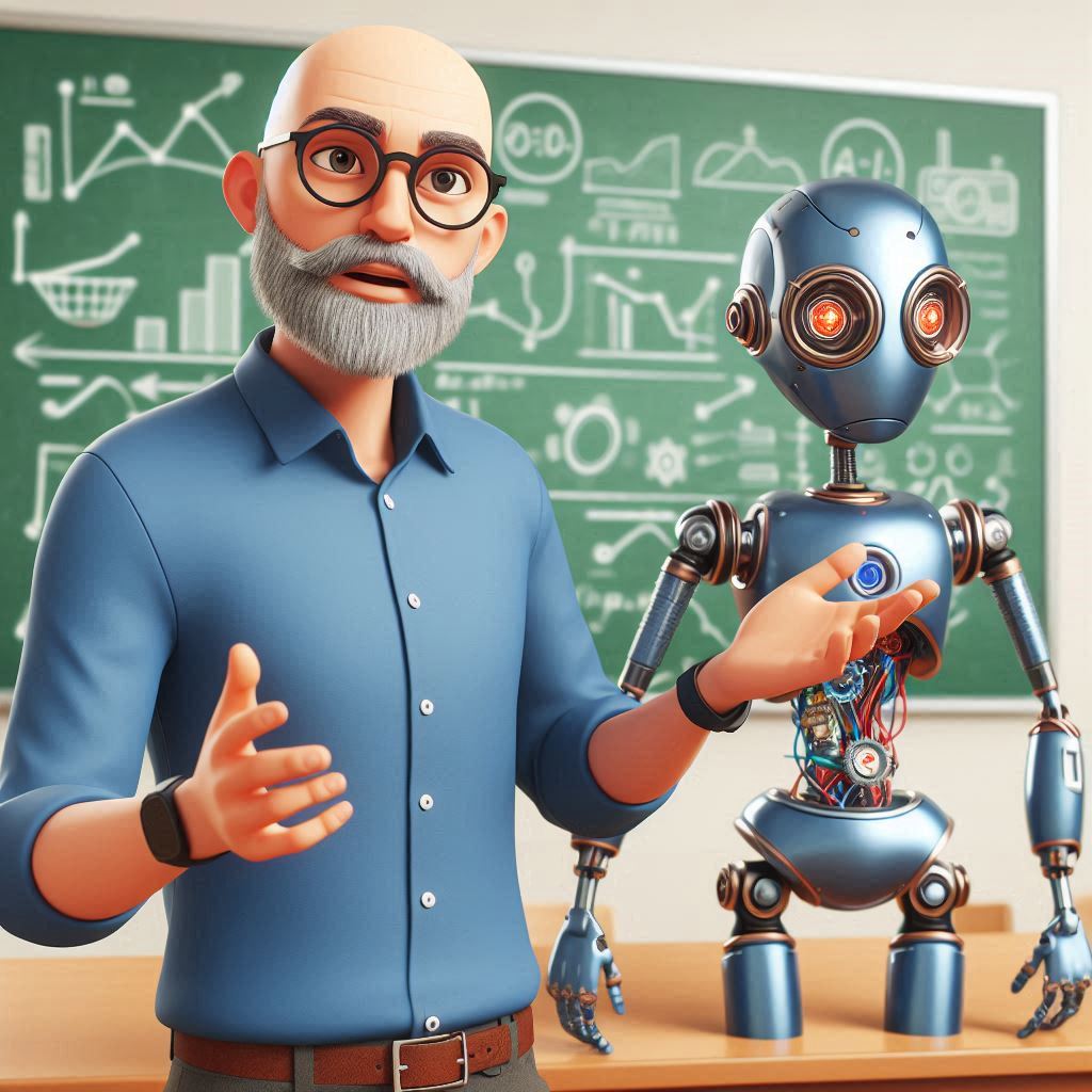 Imagen generada con IA. Un profesor en un aula junto a un robot. Estilo de imagen de animación.
