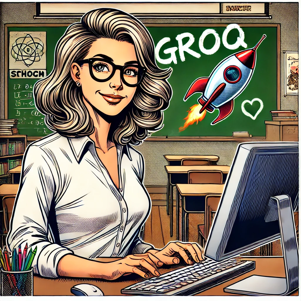 Imagen generada con IA. Una profesora en un aula trabajando con un ordenador. Estilo de cómic