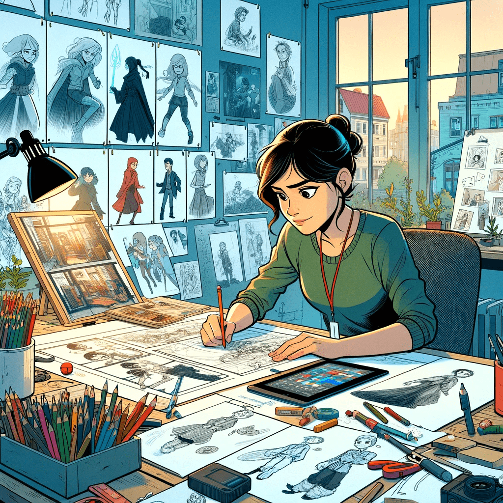 Imagen generada con IA. Una chica sentada en un escritorio y trabajando en dibujos de animación. Estilo de cómic