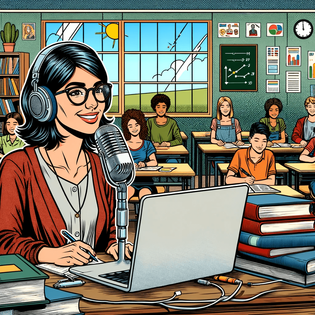 Imagen generada con IA. Una profesora en un aula con estudiantes participando en un podcast. Estilo cómic