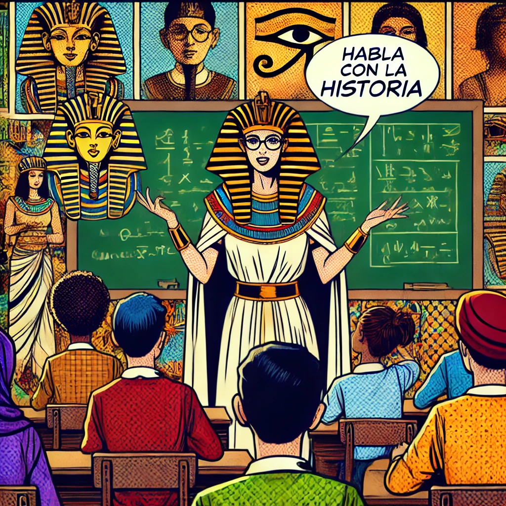 Imagen generada con IA. Una profesora en clase, vestida de egipcia, explicando una clase de historia a los estudiantes. Estilo de cómic.