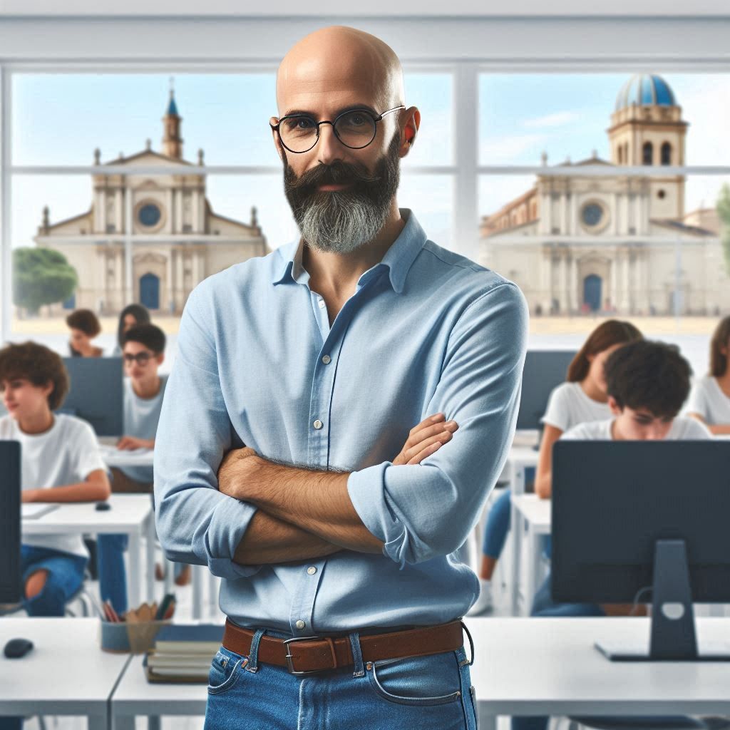 Imagen generada con IA. Un profesor calvo y con gafas con barba y bigote; lleva camisa azul claro; pantalón vaquero; está en un aula con ordenadores y estudiantes; Por la ventana se ve una iglesia. Estilo realista