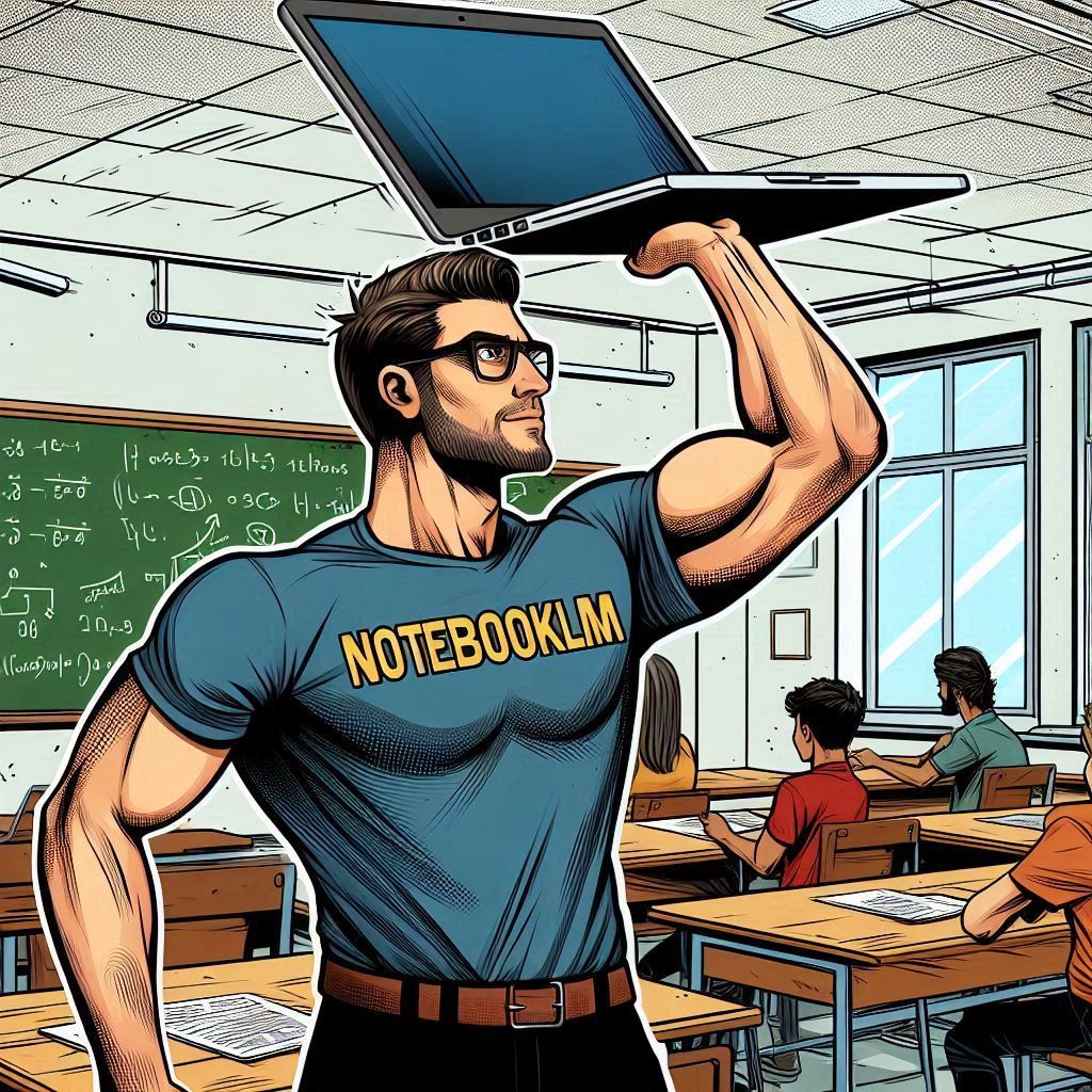 Imagen generada con IA. Un hombre profesor en un aula levantando un portátil por encima de su cabeza; lleva una camiseta en la que pone 