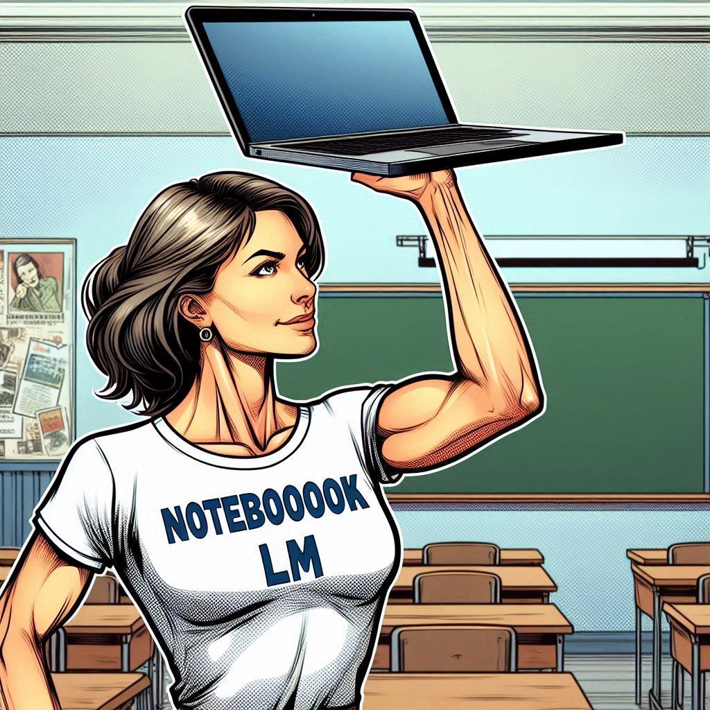 Una mujer profesora en un aula levantando un portátil por encima de su cabeza; lleva una camiseta en la que pone 