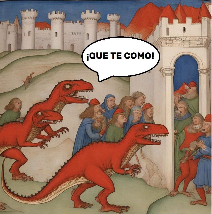 Imagen generada con IA. Unos dinosaurios persiguiendo a un grupo de personas en una pueblo. Estilo de ilustración de libro medieval.