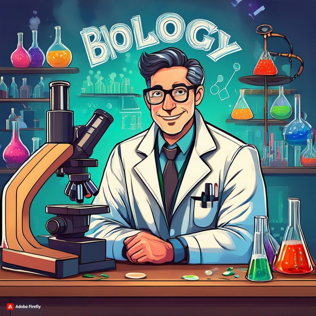 Imagen generada con IA. Un profesor con pelo negro y gafas, vestido con bata de laboratorio, sentado junto a un microscopio en un laboratorio; sobre la mesa se ven matraces y botellas con líquidos de colores; en la pizarra está escrito con tiza: