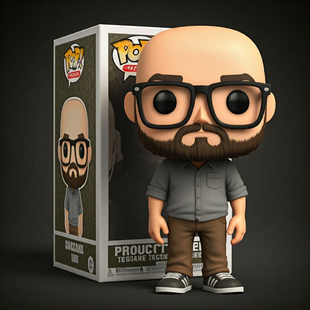 Imagen generada con IA. Figura de Funko en la que aparezca un hombre llamado «PRODUCTIVE TEACHER» en la caja. El muñeco es calvo, con gafas, con una barba y bigote de 3 días, y viste una camisa gris y pantalones marrones, zapatilla deportivas. 3D Render.