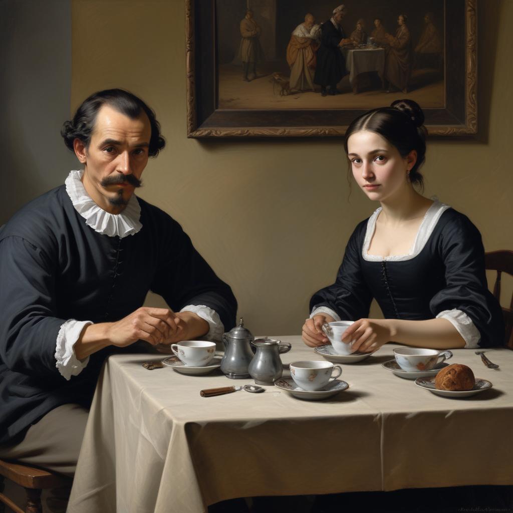 Imagen generada con IA. Prompt: Un hombre y una mujer charlando sentados junto a una mesa con unas tazas de café; alrededor hay gente paseando; estilo de pintura al óleo de Velázquez