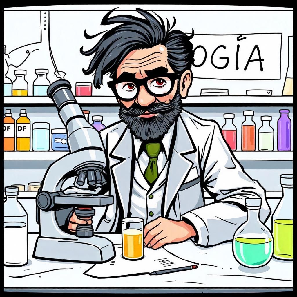 Imagen generada con IA. Prompt: Un profesor con pelo negro y gafas, vestido con bata de laboratorio, sentado junto a un microscopio en un laboratorio; sobre la mesa se ven matraces y botellas con líquidos de colores; en la pizarra está escrito con tiza: "BIOLOGÍA"; estilo de cómic