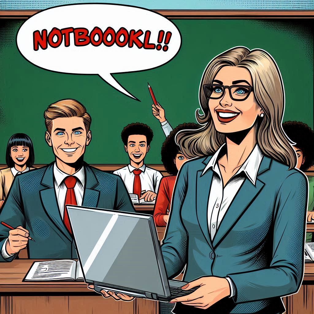 Imagen generada con IA. Prompt: Una mujer profesora trabajando con un portátil en un aula mietras los estudiantes realizan un test; tiene una gran sonrisa; en la pizarra está escrito "NOTEBOOKLM!!"; estilo de cómic