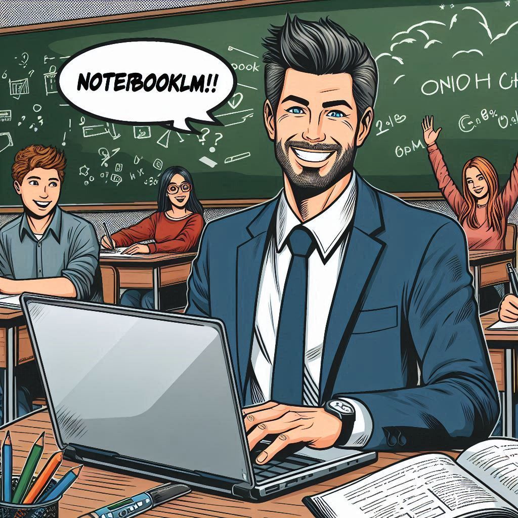 Imagen generada con IA. Prompt: Un hombre profesor trabajando con un portátil en un aula mietras los estudiantes realizan un test; tiene una gran sonrisa; en la pizarra está escrito "NOTEBOOKLM!!"; estilo de cómic
