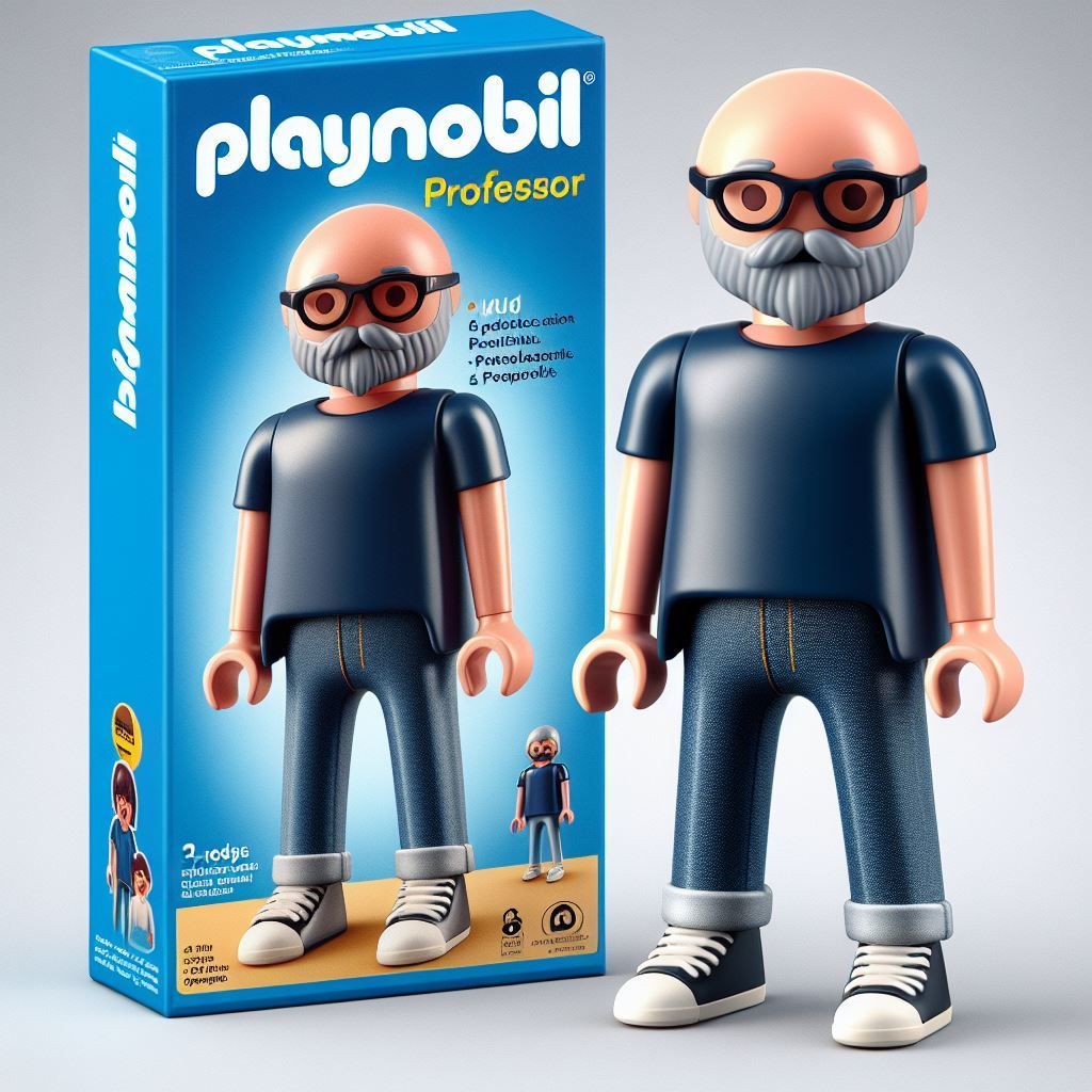 Imagen generada con IA. Prompt: Figura de Playmobil en la que aparezca un hombre llamado «PROFESOR PRODUCTIVO» en la caja. El muñeco es calvo, con gafas, con una barba y bigote de 3 días, y viste una camiseta azul oscura, pantalones vaqueros y unas zapatillas. 3D Render.