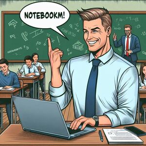 Imagen generada con IA. Un hombre profesor trabajando con un portátil en un aula mientras los estudiantes realizan un test; tiene una gran sonrisa; en la pizarra está escrito 