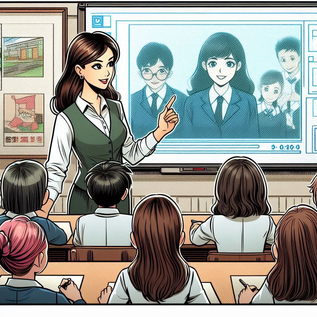 Imagen generada con IA. Prompt: una mujer profesora en un aula; un video se está proyectando un video sobre la pantalla mientras los estudiantes lo miran; estilo de cómic